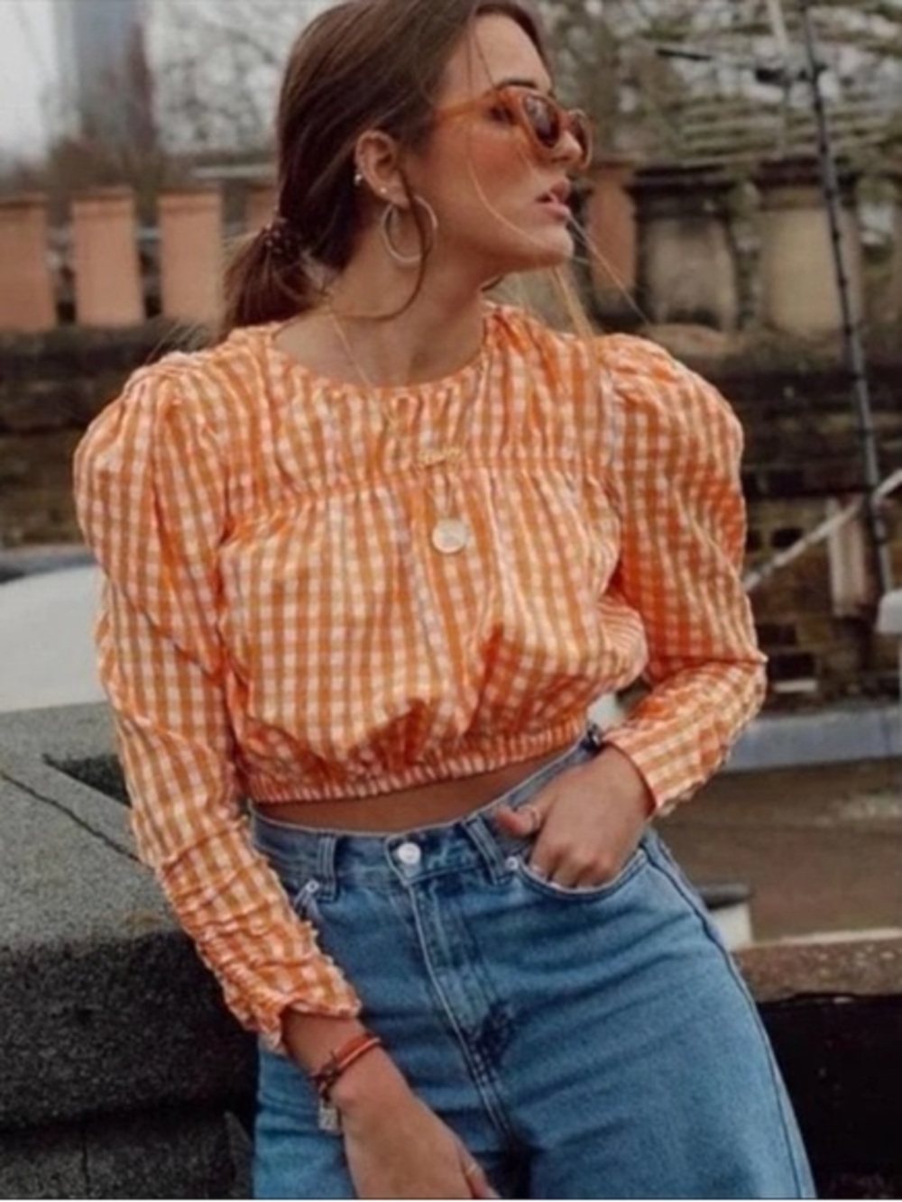 Zara Women's Orange Gingham Crop Top in Medium